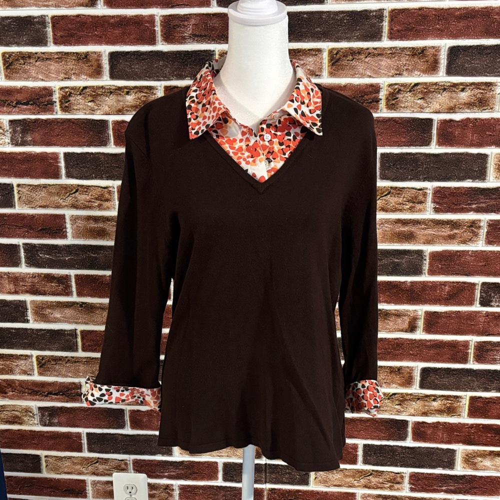 Dress Barn Brown V-Neck Top with Patterned Collar